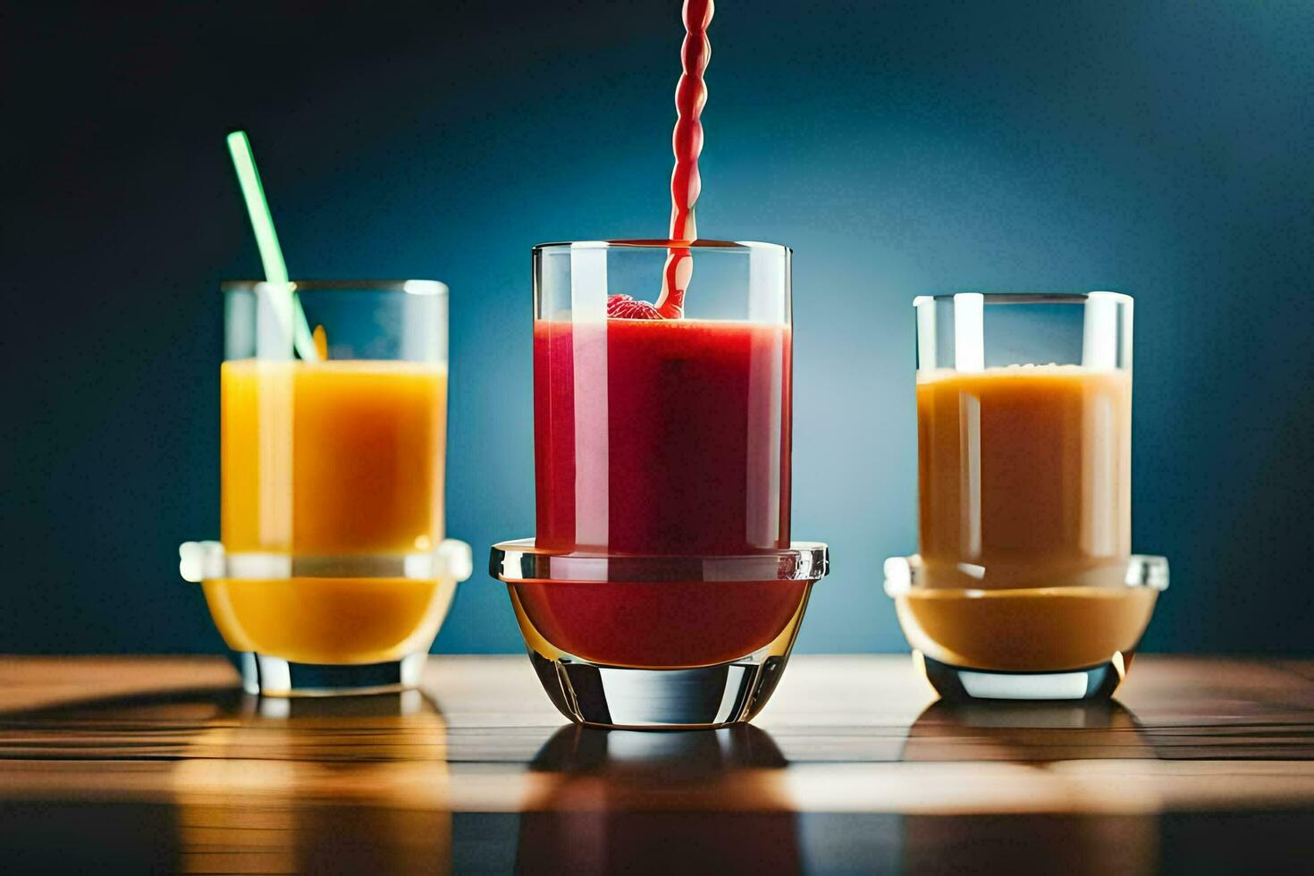 three glasses of juice with straws. AI-Generated photo