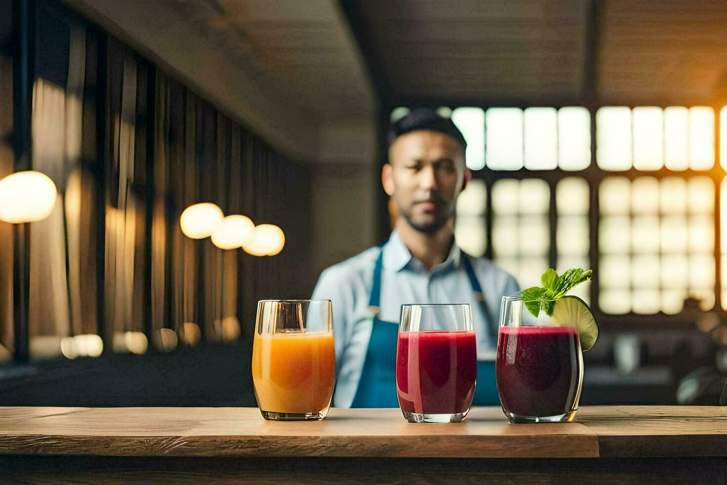 a man is standing behind a bar with three different juices. AI-Generated photo