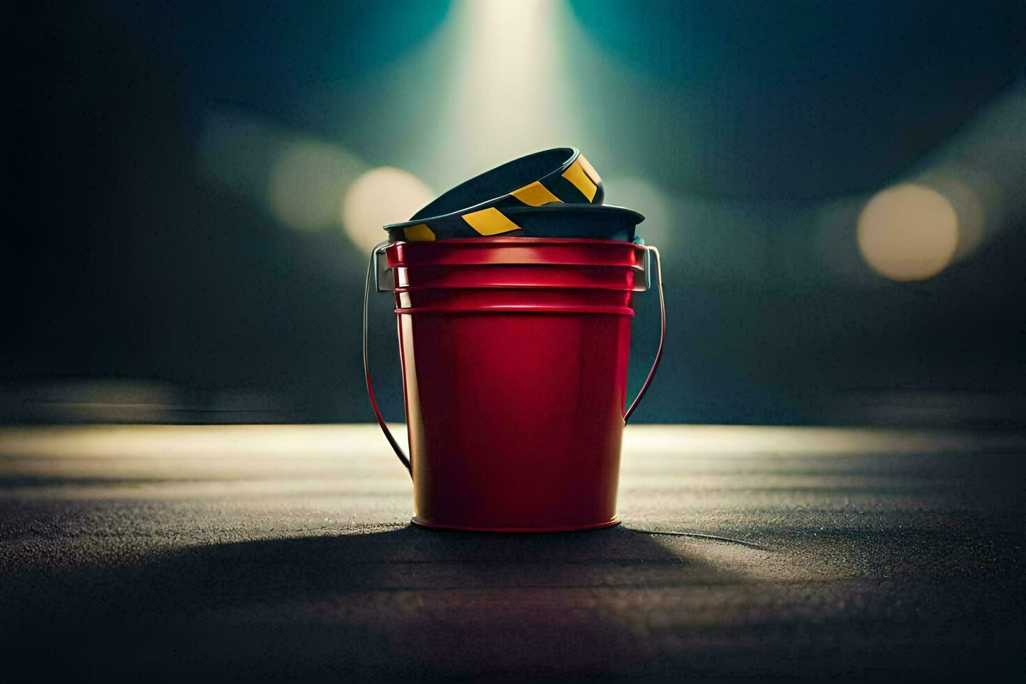 a red bucket with a yellow safety tape on it. AI-Generated photo