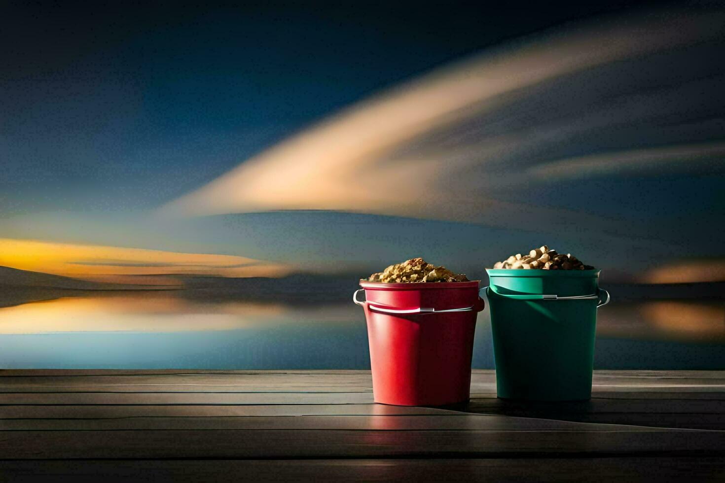 two buckets of food sitting on a wooden deck. AI-Generated photo