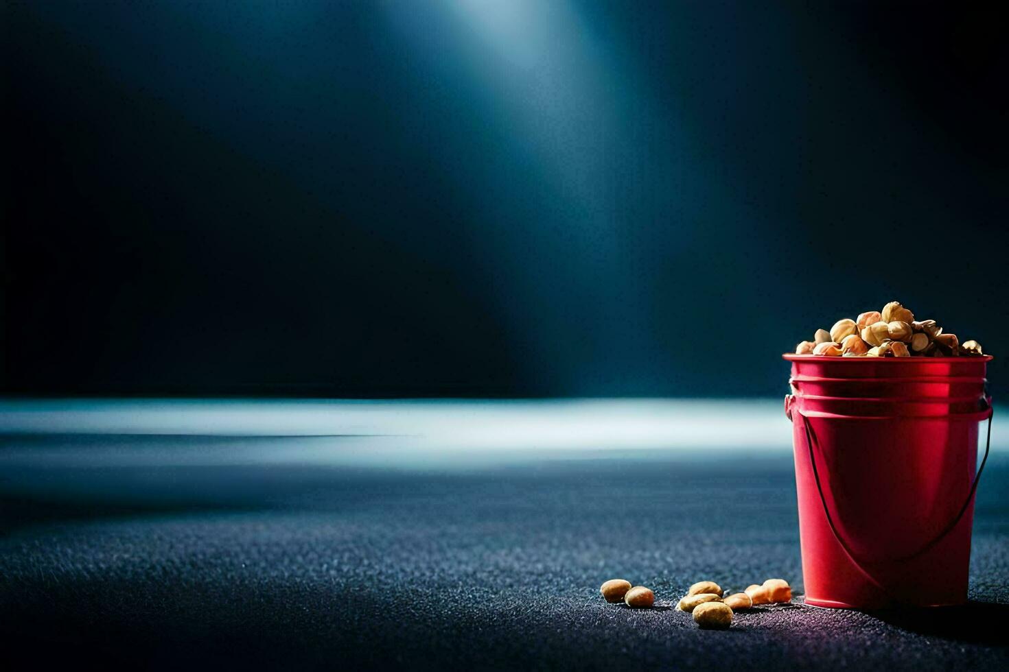 a red bucket with peanuts on the floor. AI-Generated photo