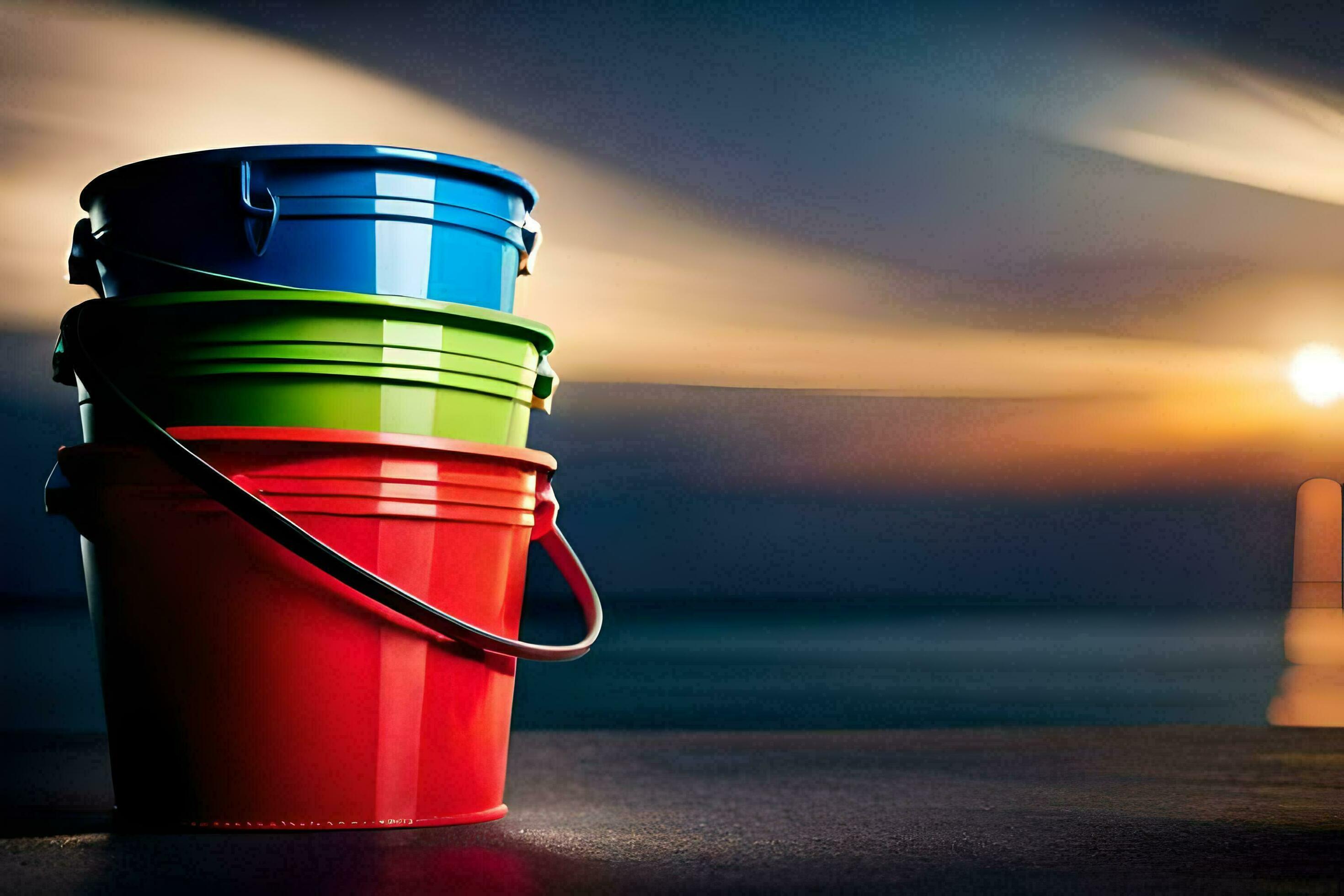 three colorful buckets sit on a table in front of the ocean. AI