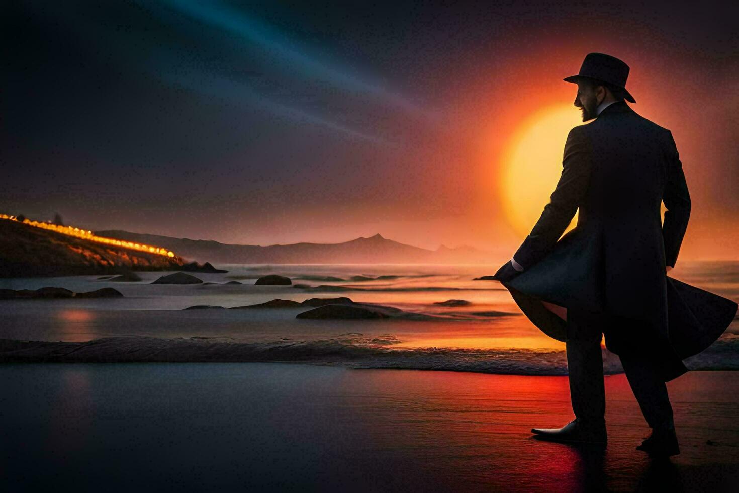 a man in a top hat and coat standing on the beach at sunset. AI-Generated photo