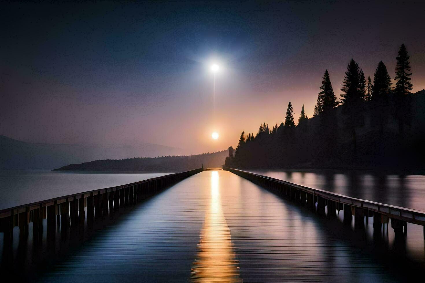 a pier with a sun setting over the water. AI-Generated photo