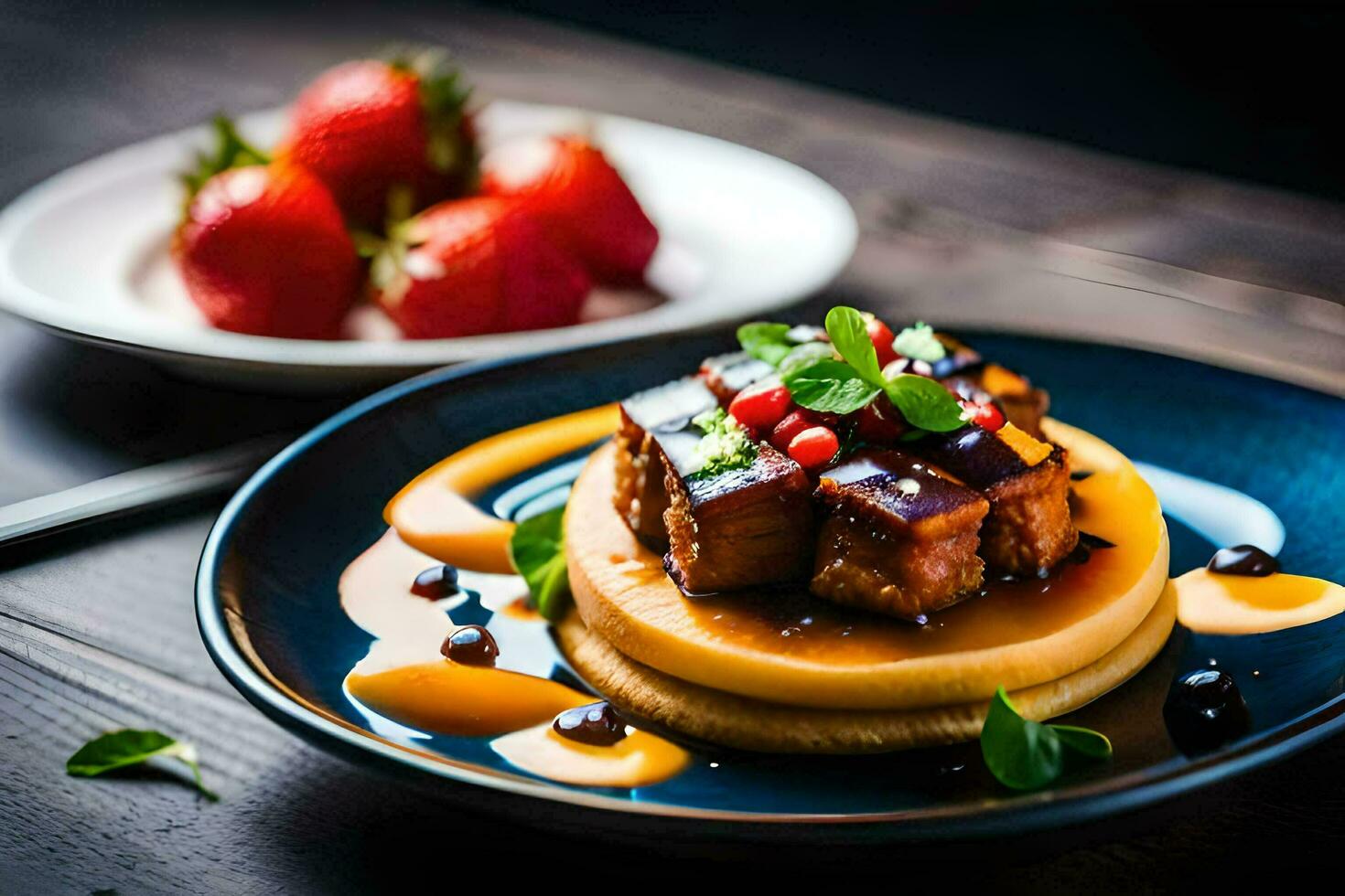 the food is served on a plate with a fork and a knife. AI-Generated photo