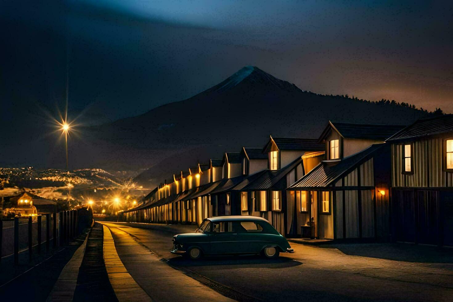 un coche es estacionado en frente de un fila de casas a noche. generado por ai foto