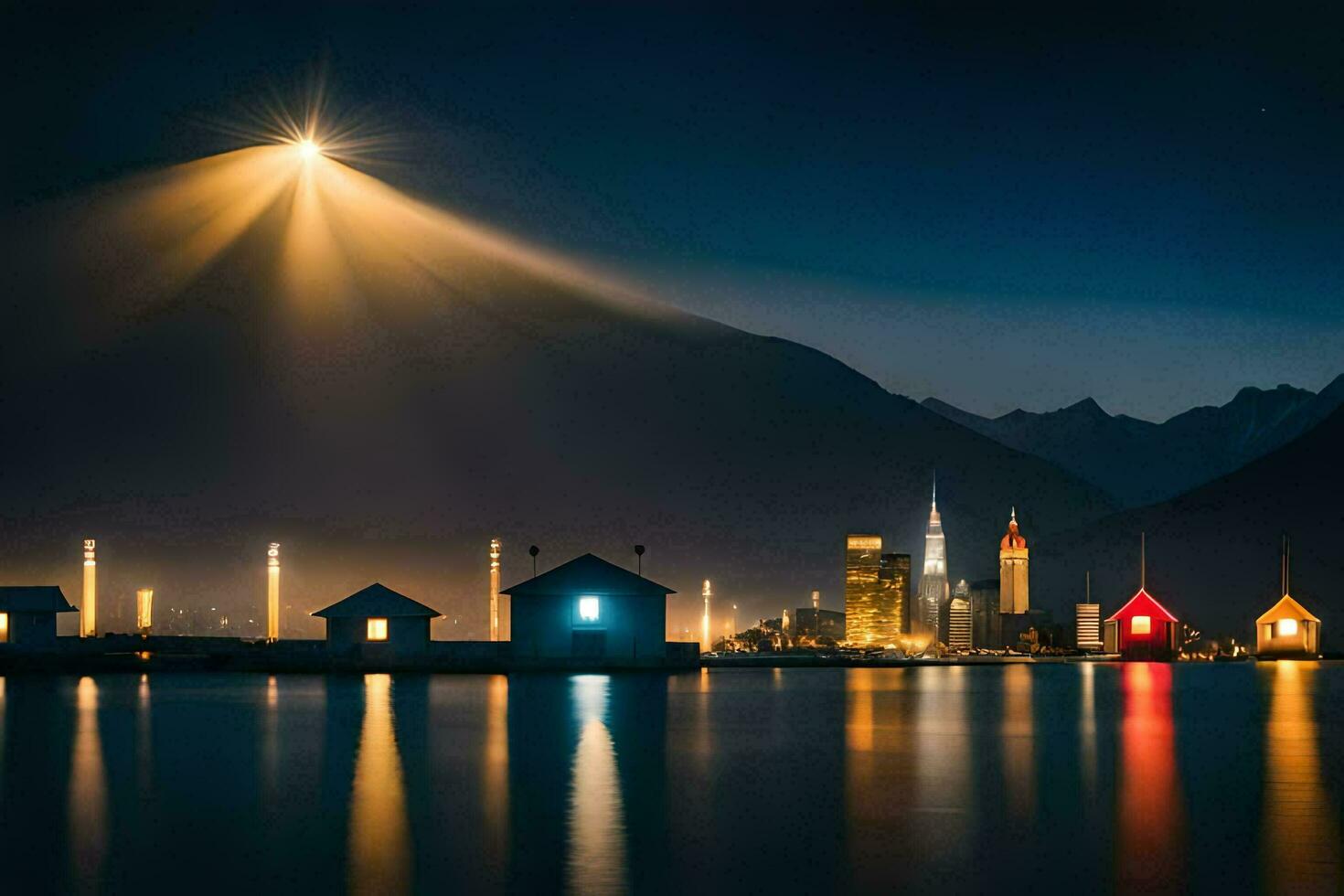 a city at night with a light shining over it. AI-Generated photo