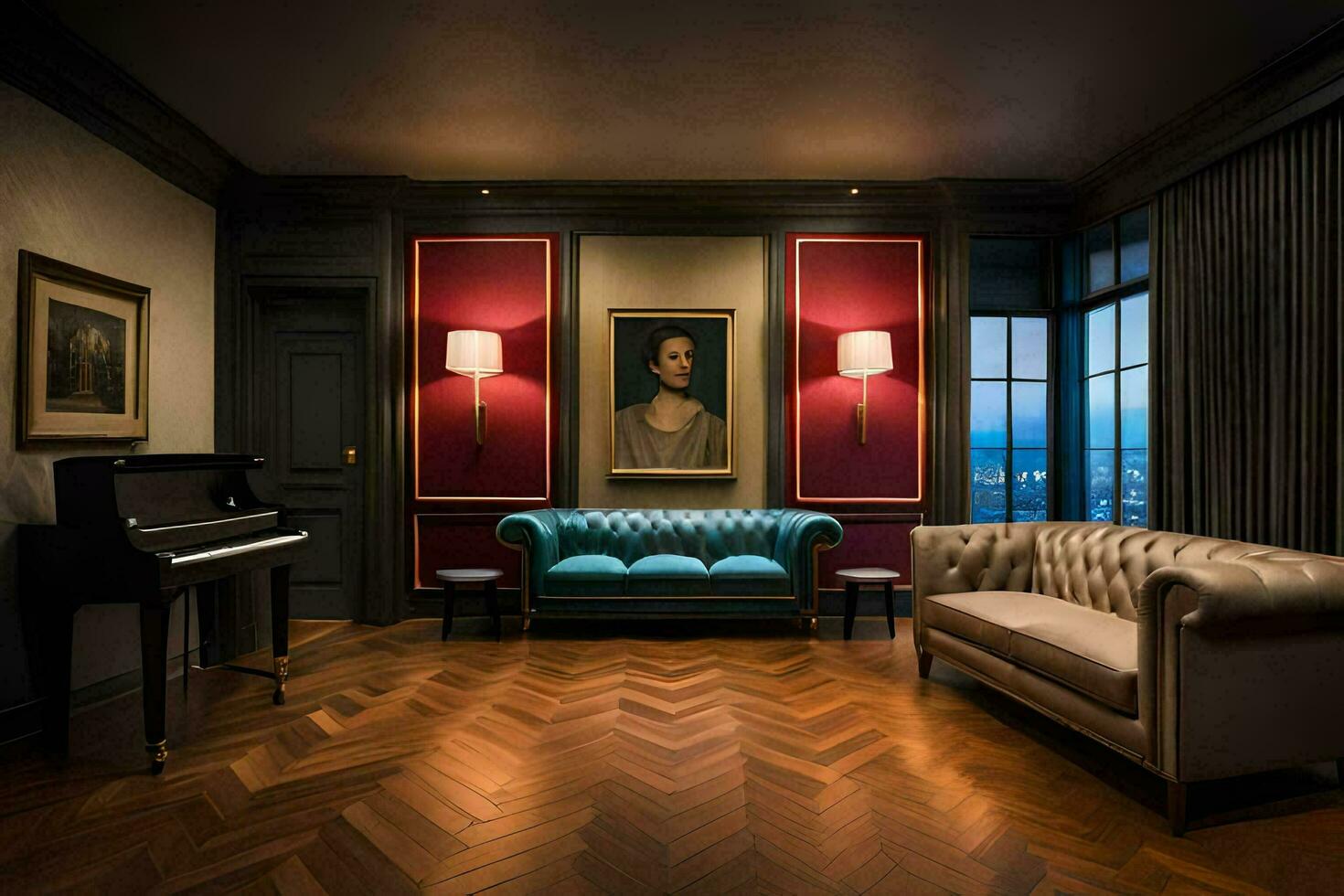 a living room with a piano, couch and painting. AI-Generated photo
