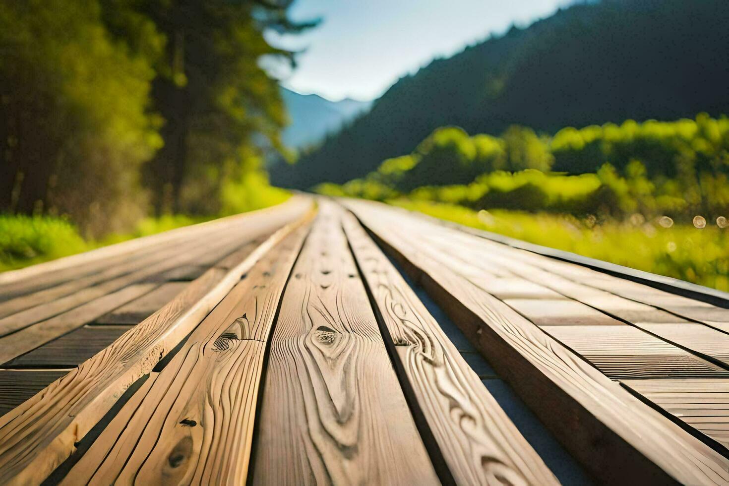 a wooden walkway in the woods. AI-Generated photo