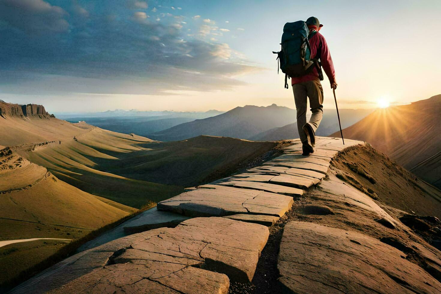 a man with a backpack walking on a stone path in the mountains. AI-Generated photo