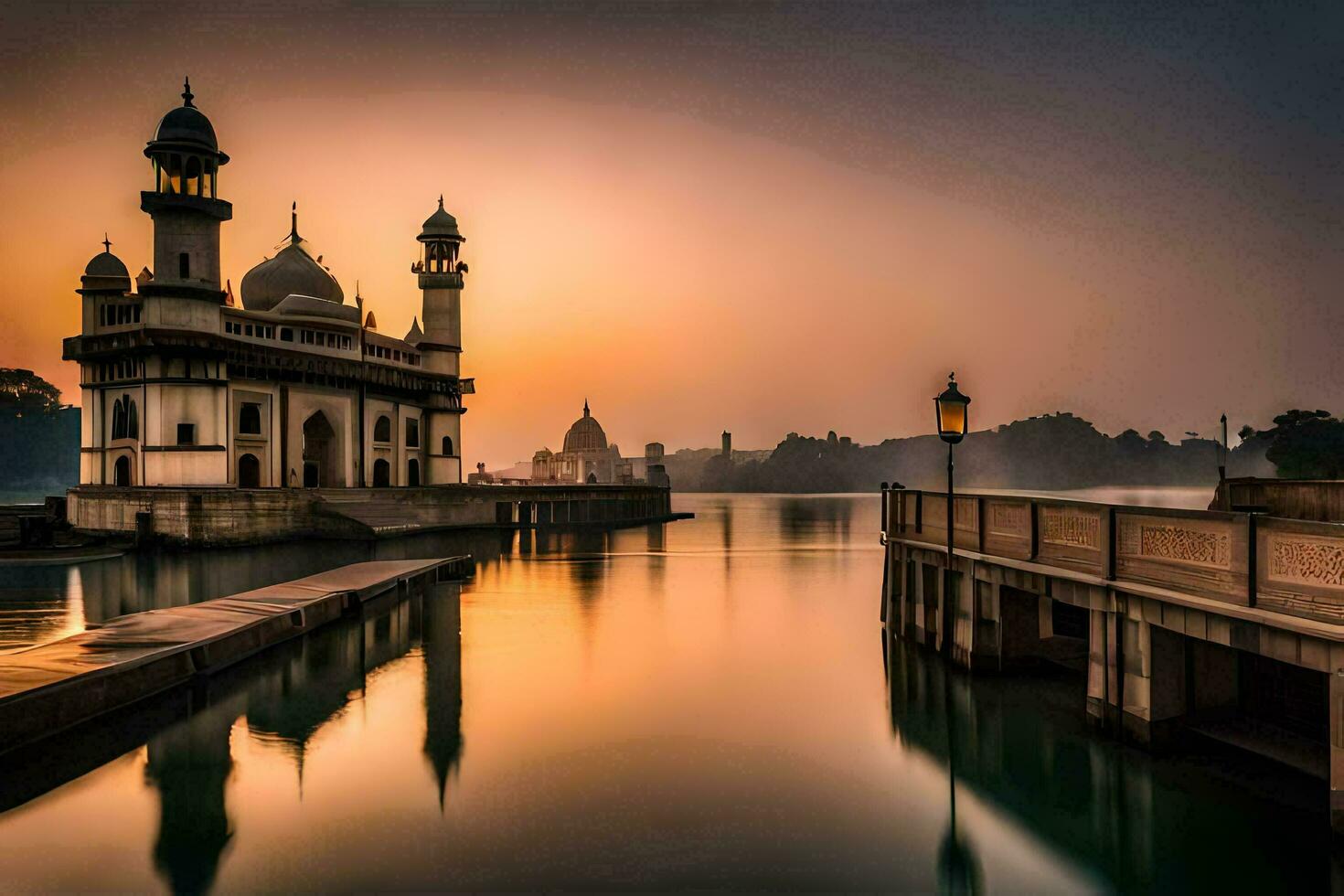 the sun sets over a mosque in india. AI-Generated photo