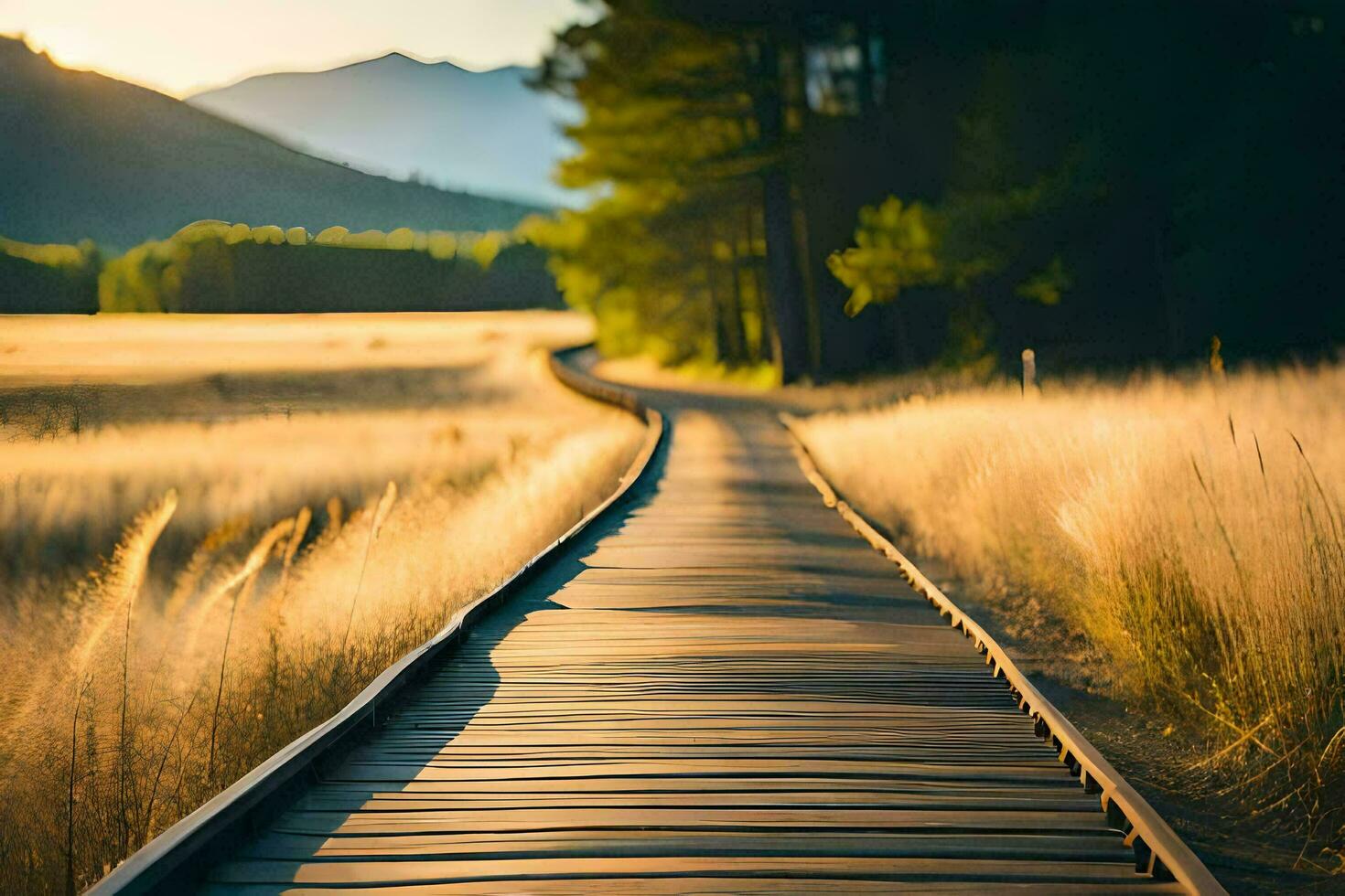 a wooden path leads to the mountains in the background. AI-Generated photo