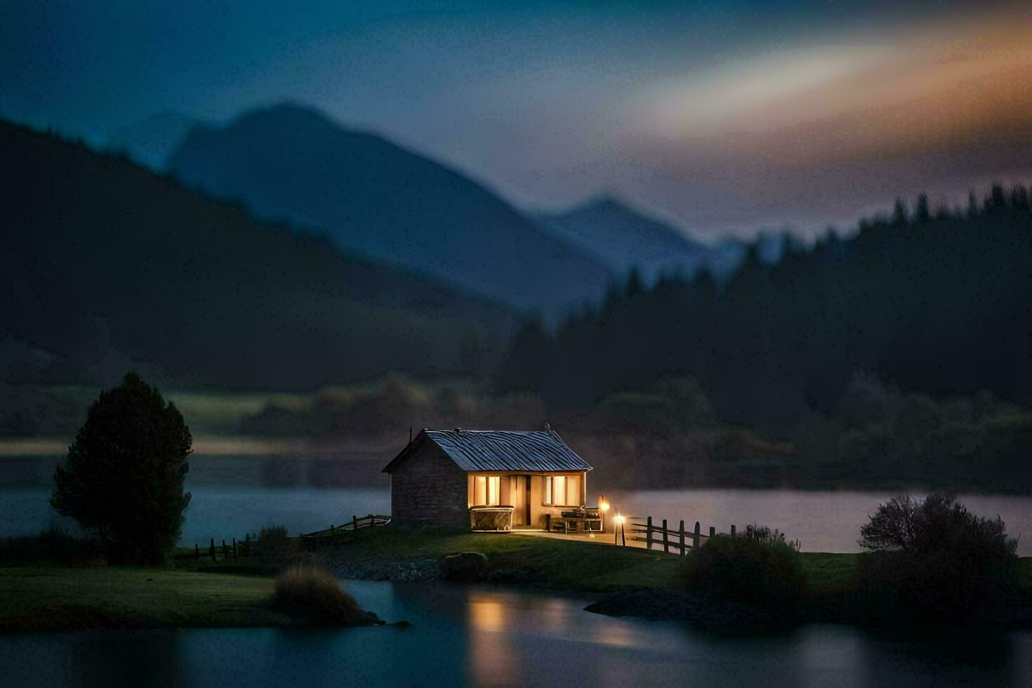 a small cabin sits on the edge of a lake at dusk. AI-Generated photo