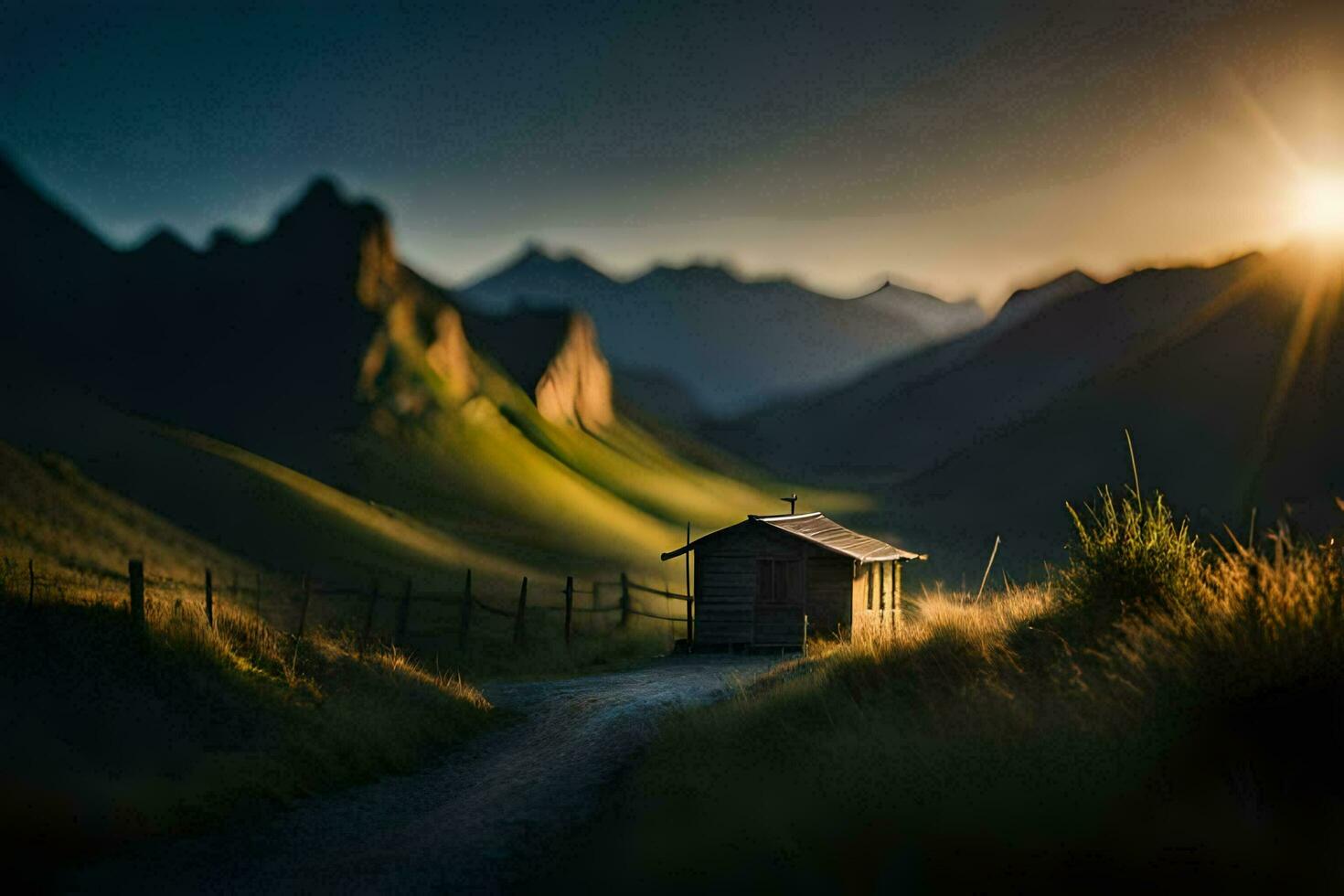 a small hut sits on a dirt road in the mountains. AI-Generated photo