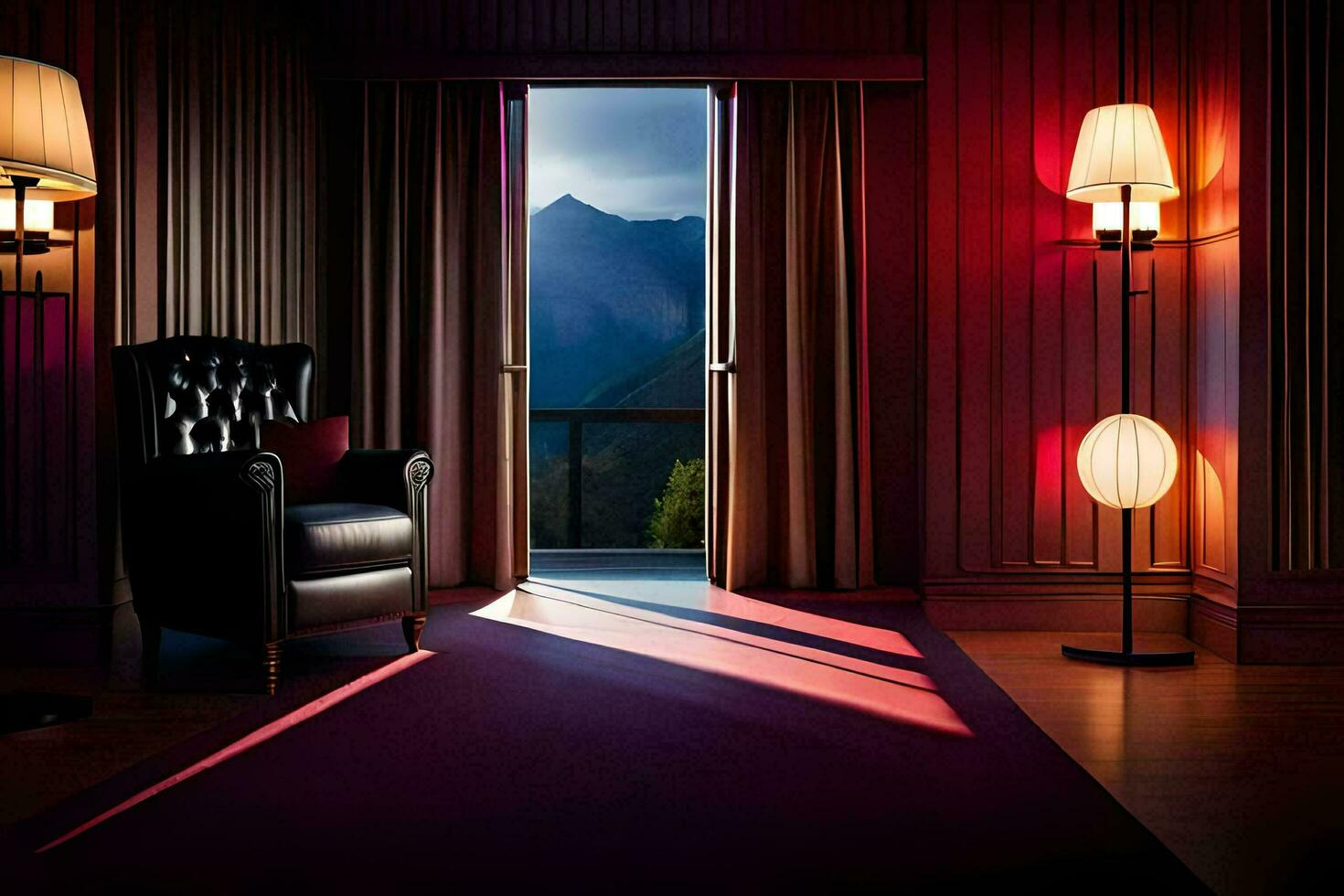 a chair and lamp in a room with a view of mountains. AI-Generated photo