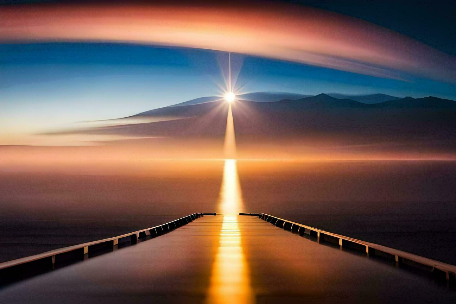 a long bridge with a sun shining over it. AI-Generated photo