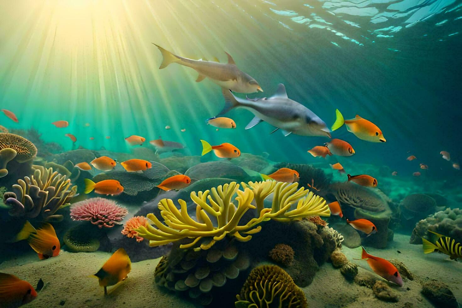 an underwater scene with coral reefs and fish. AI-Generated photo