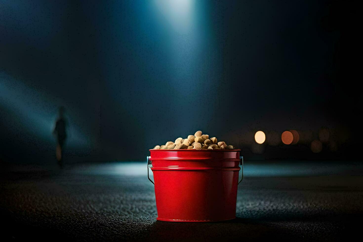 a red bucket filled with peanuts sits on the ground. AI-Generated photo