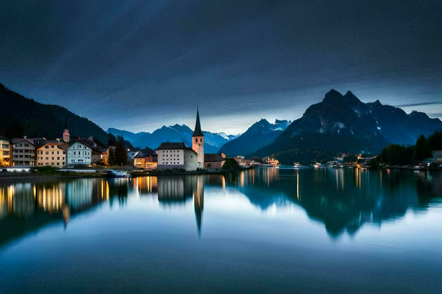 un pueblo y montañas son reflejado en el agua. generado por ai foto