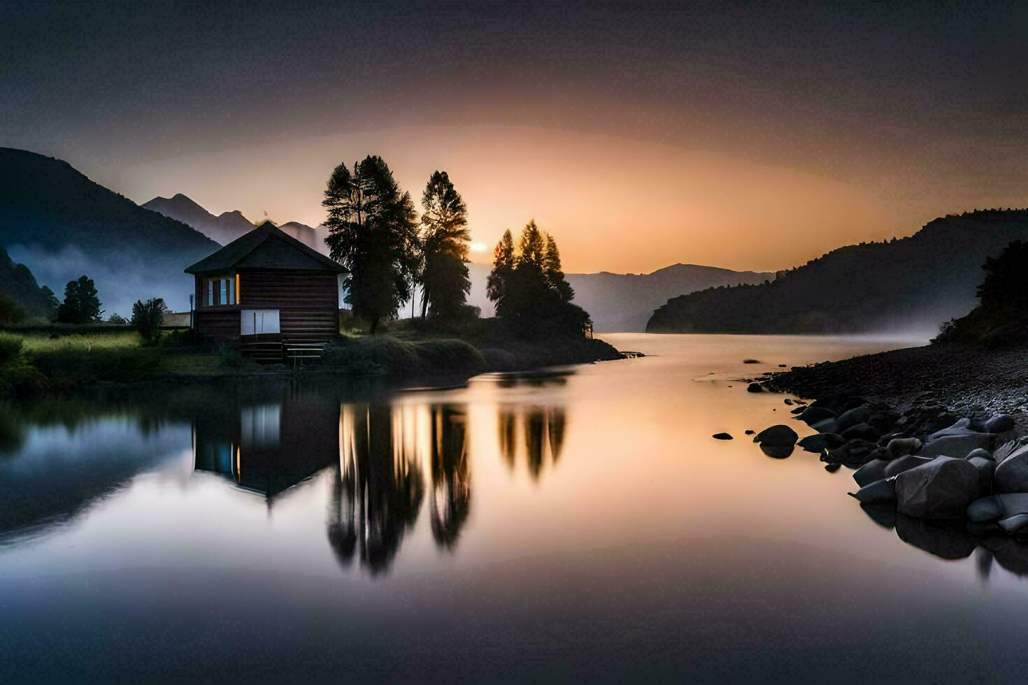 a small cabin sits on the shore of a lake at sunset. AI-Generated photo