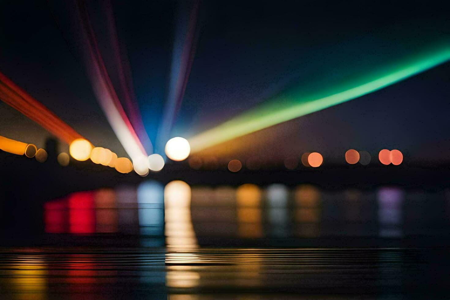 a blurry image of lights on the water. AI-Generated photo