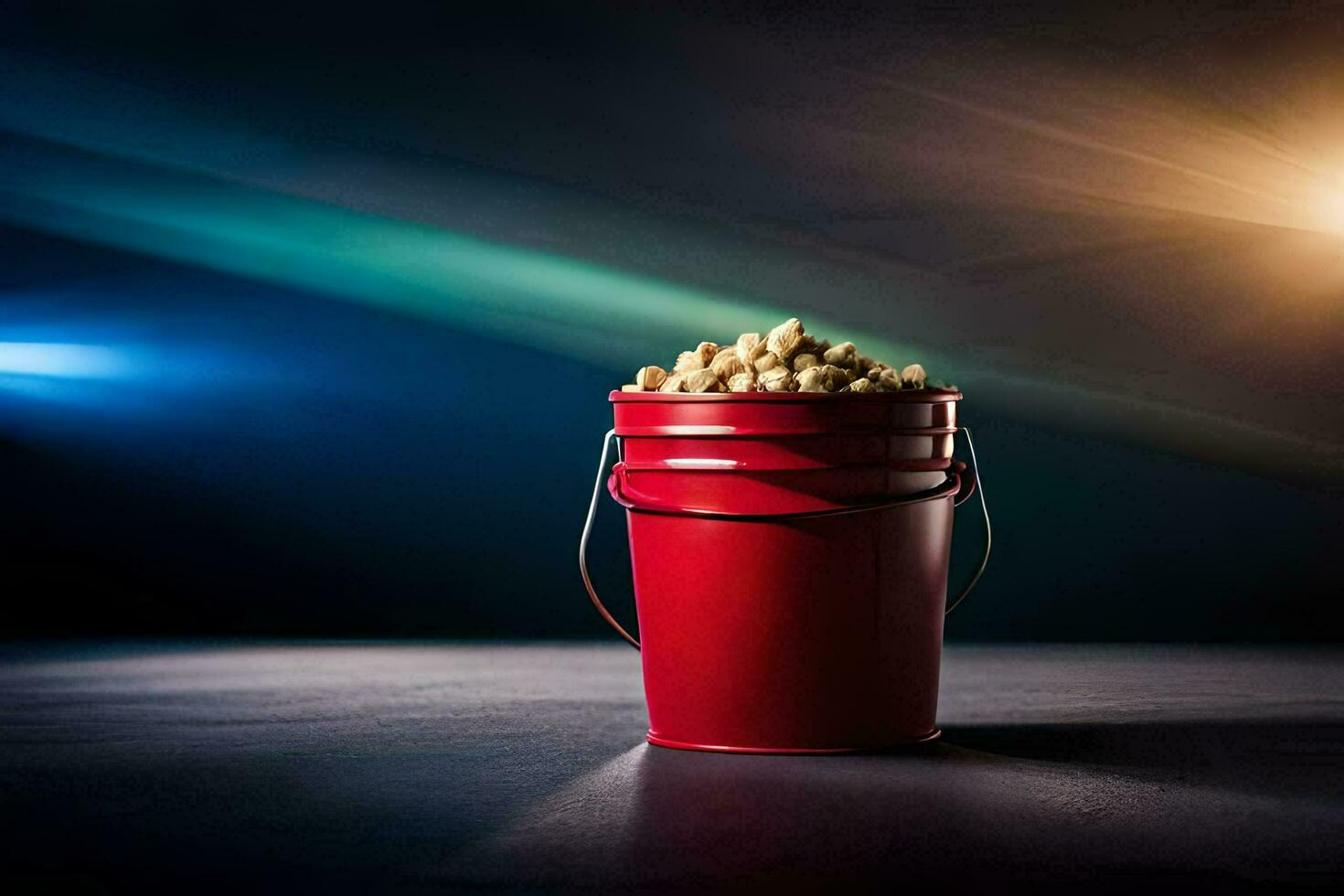 a bucket of popcorn on a dark table. AI-Generated photo