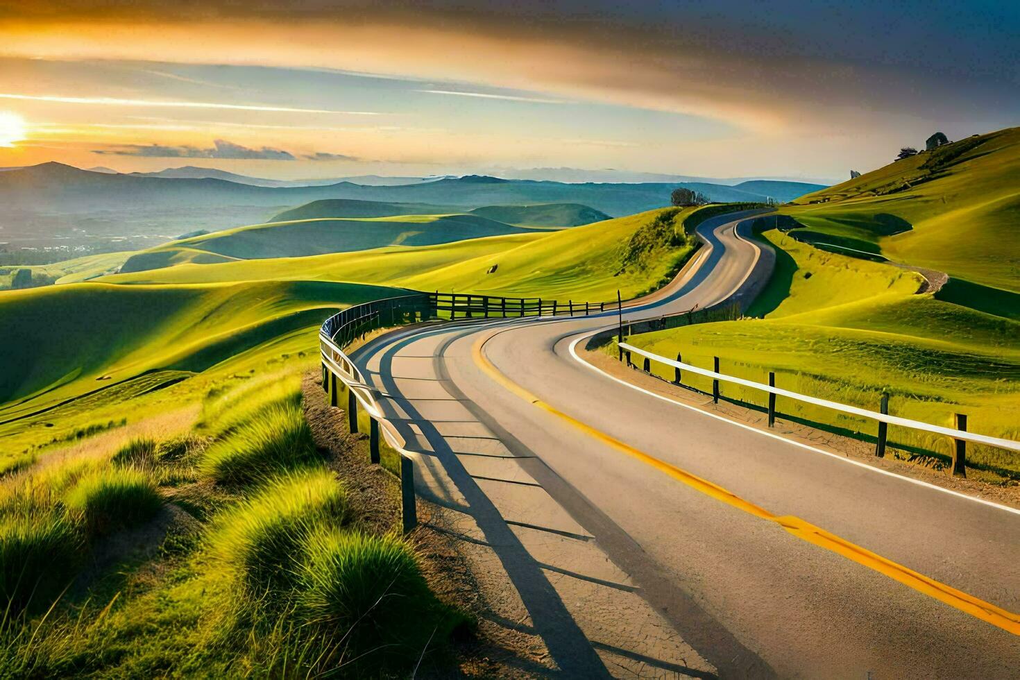 the road to the sunset. AI-Generated photo