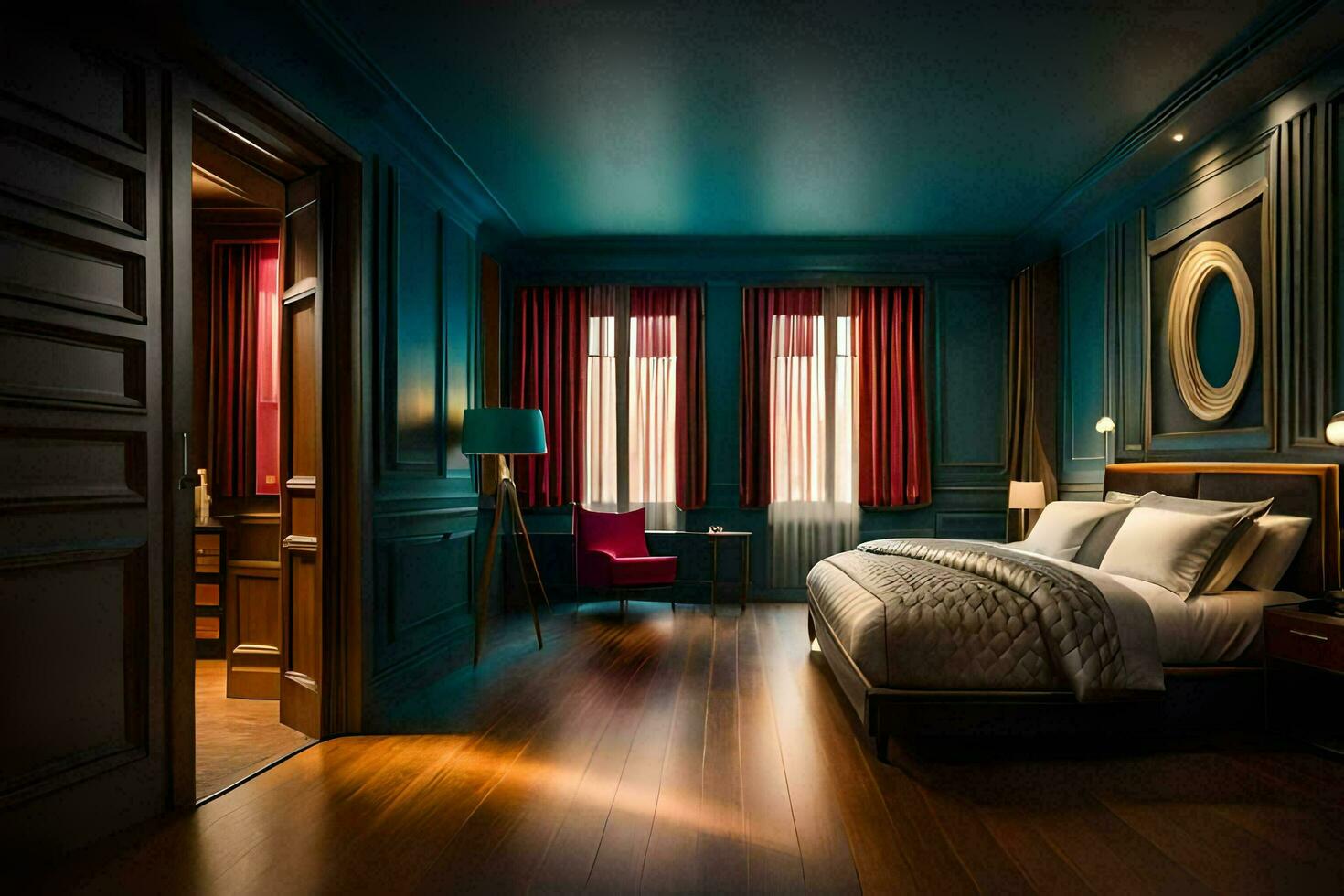 a bedroom with blue walls and wood floors. AI-Generated photo