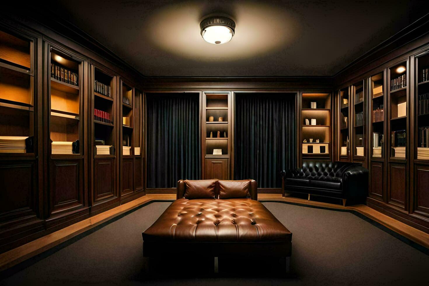 a room with a leather ottoman and bookshelves. AI-Generated photo