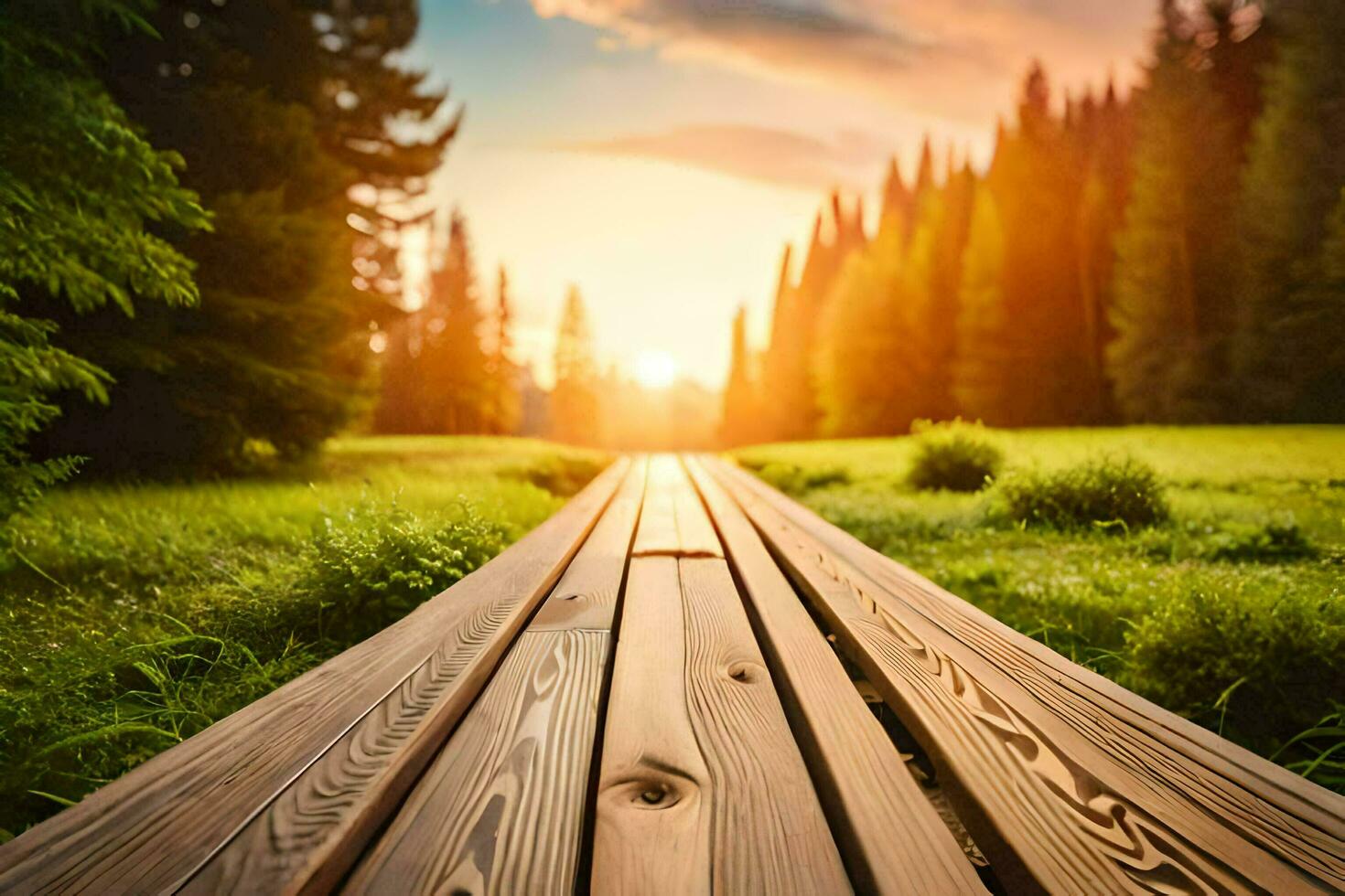 wooden path in the forest at sunset. AI-Generated photo