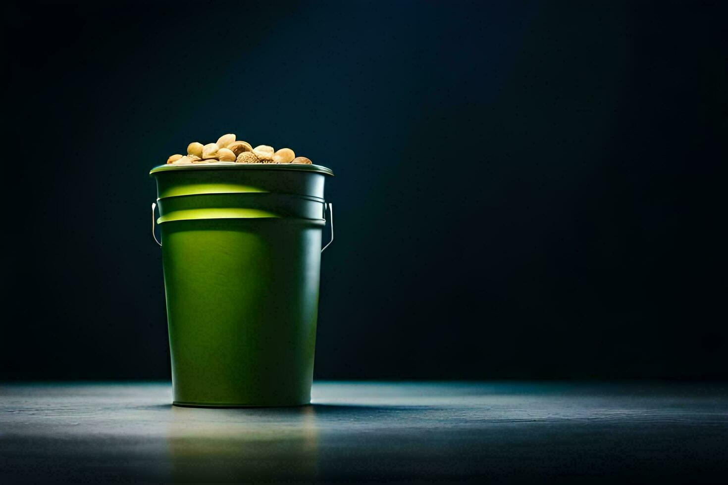 a bucket filled with peanuts on a dark background. AI-Generated photo