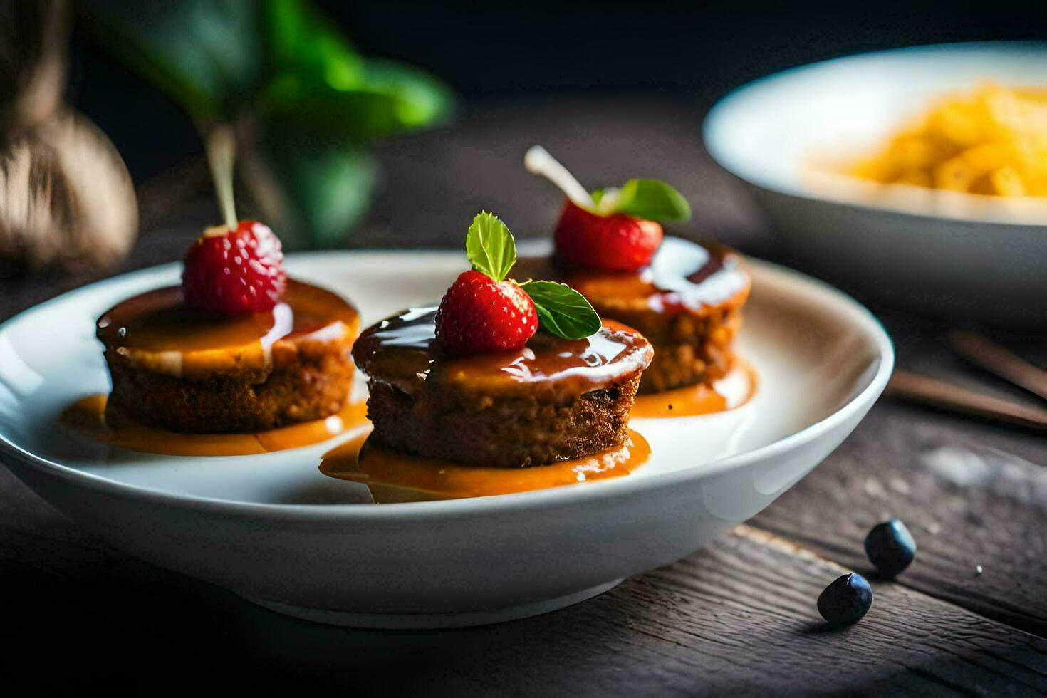 three mini cakes with sauce and strawberries on a plate. AI-Generated photo