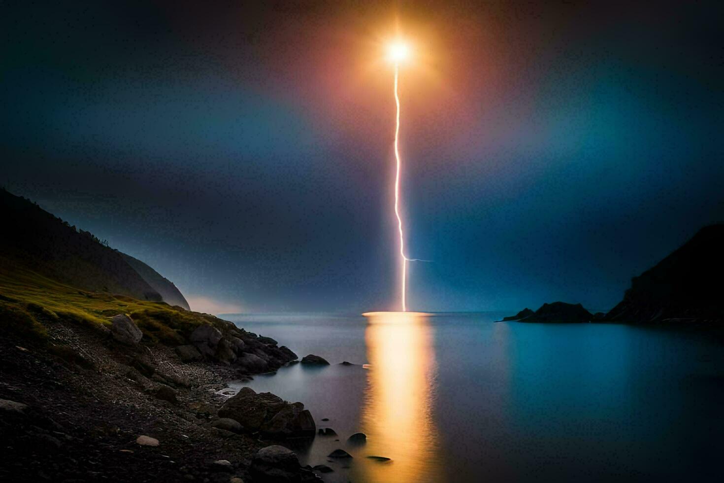 lightning strike over the ocean. AI-Generated photo