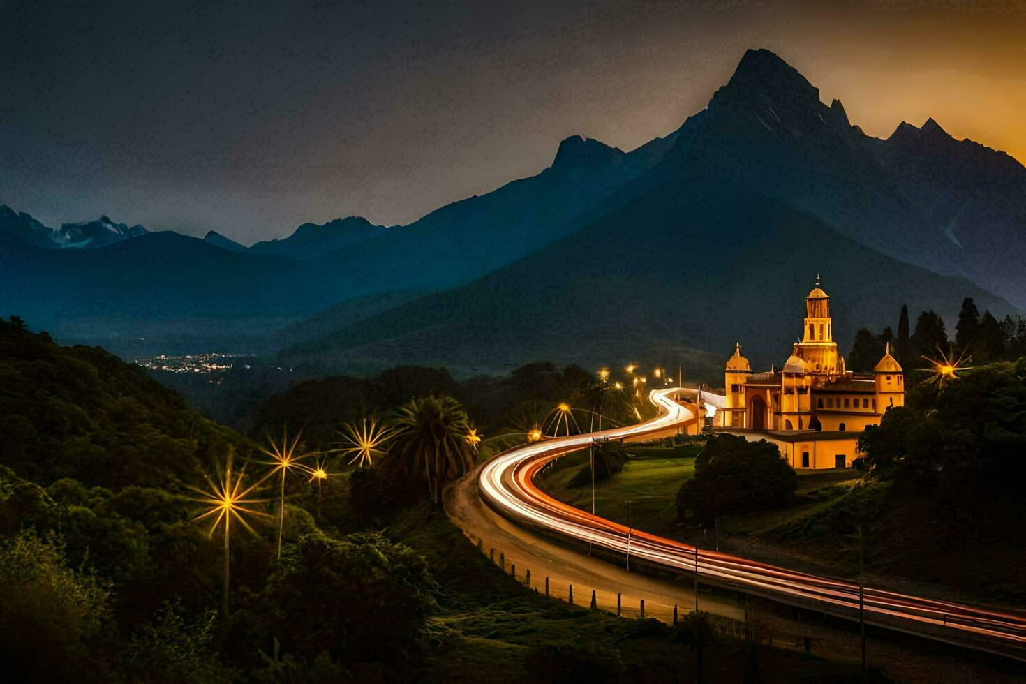 a church and mountain range at dusk. AI-Generated photo