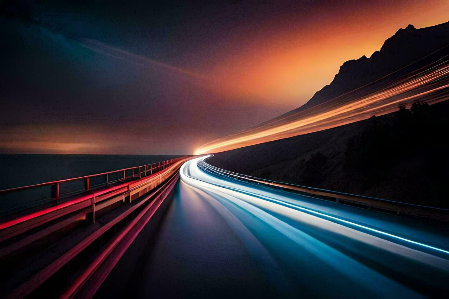 a long exposure photograph of a highway at night. AI-Generated photo