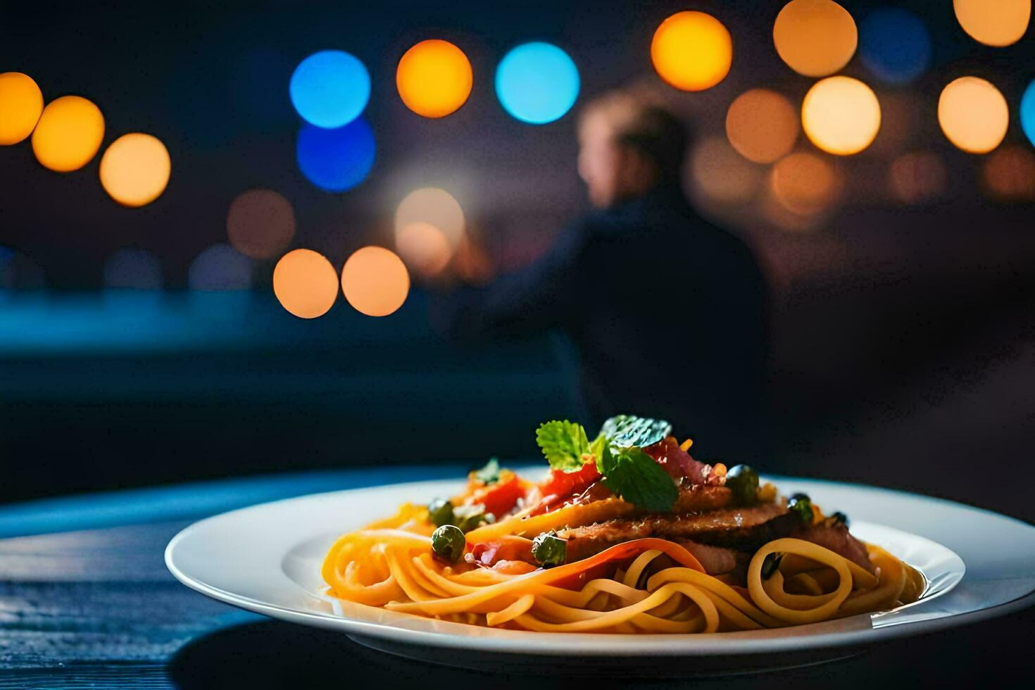 a plate of spaghetti with a man in the background. AI-Generated photo