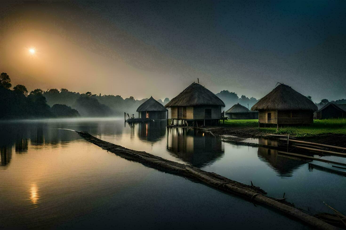 a river with huts and a sun rising over it. AI-Generated photo
