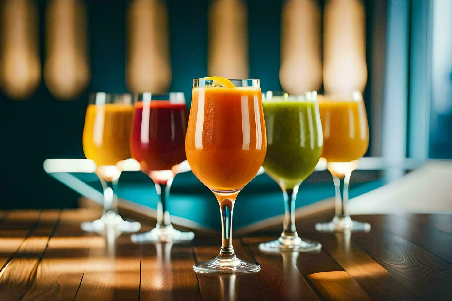 five different colored juices in glasses on a table. AI-Generated photo