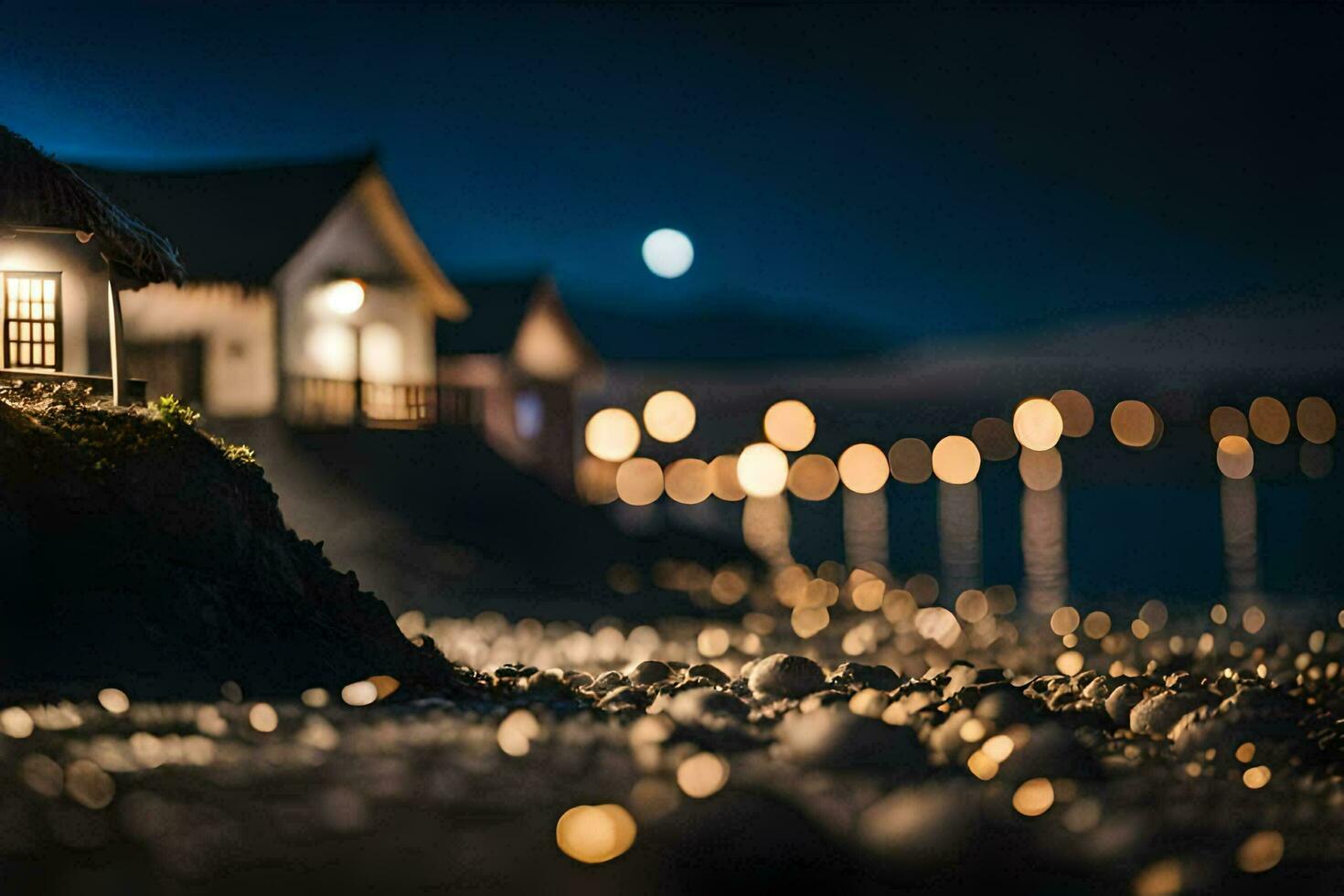 foto fondo de pantalla el luna, noche, playa, casa, luz, bokeh hd fondo de pantalla. generado por ai