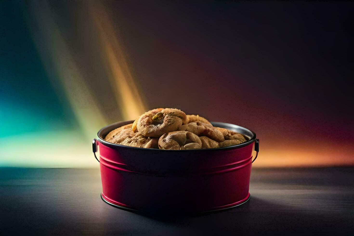 a tin of cookies on a table with a colorful background. AI-Generated photo