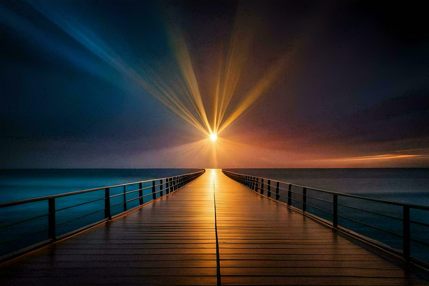 a long pier with a bright light shining down on it. AI-Generated photo