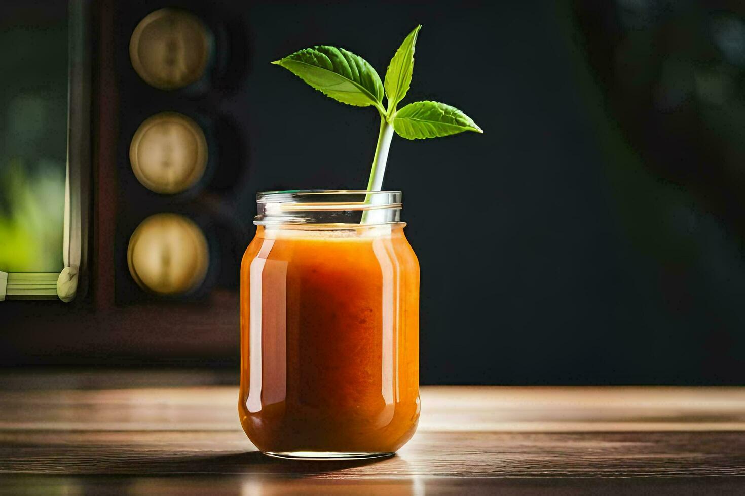 a glass jar with a green leaf in it. AI-Generated photo