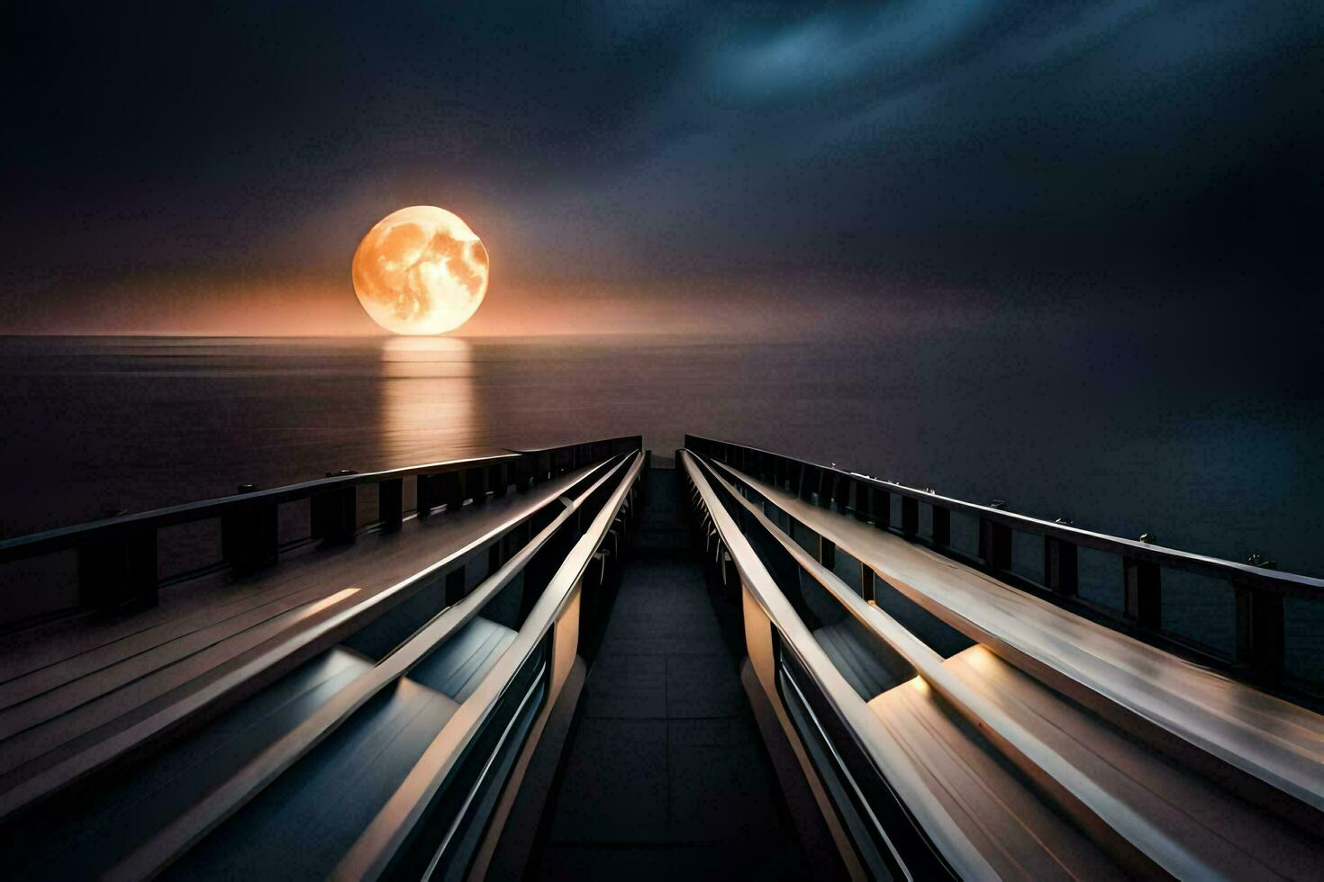 un largo puente terminado el Oceano con un lleno Luna. generado por ai foto