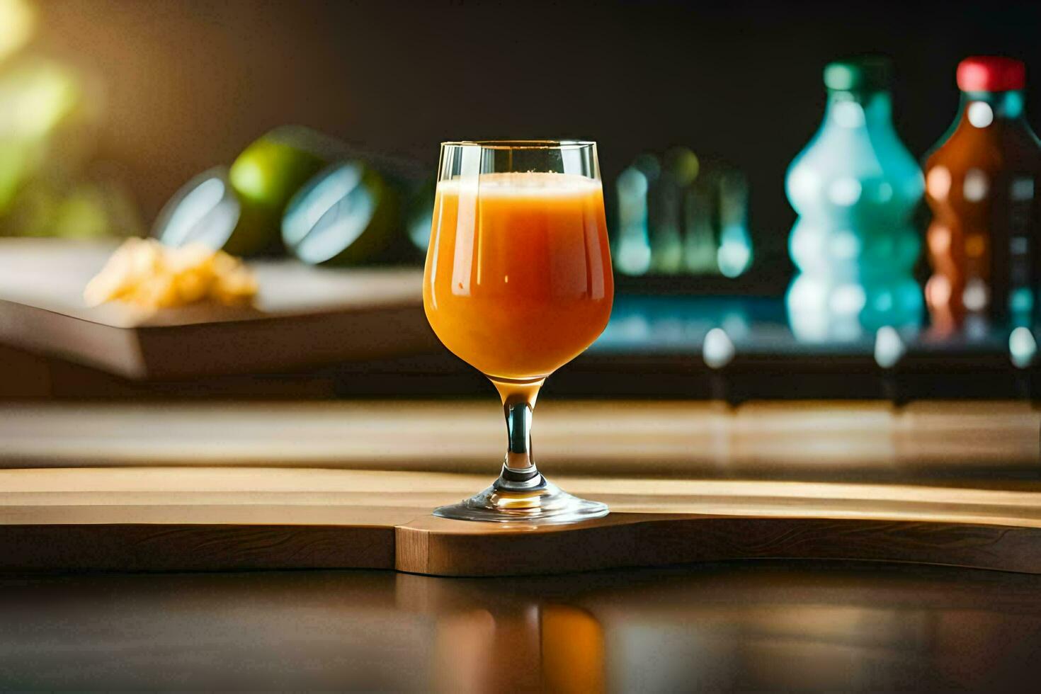 a glass of orange juice on a table. AI-Generated photo