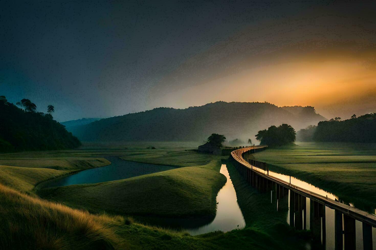a bridge over a river in the middle of a field. AI-Generated photo