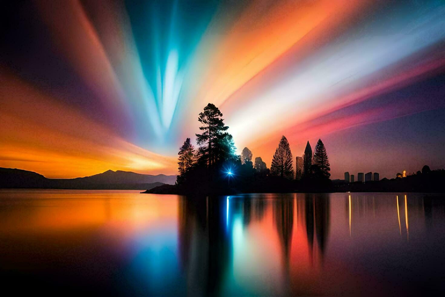 a colorful light show over a lake. AI-Generated photo