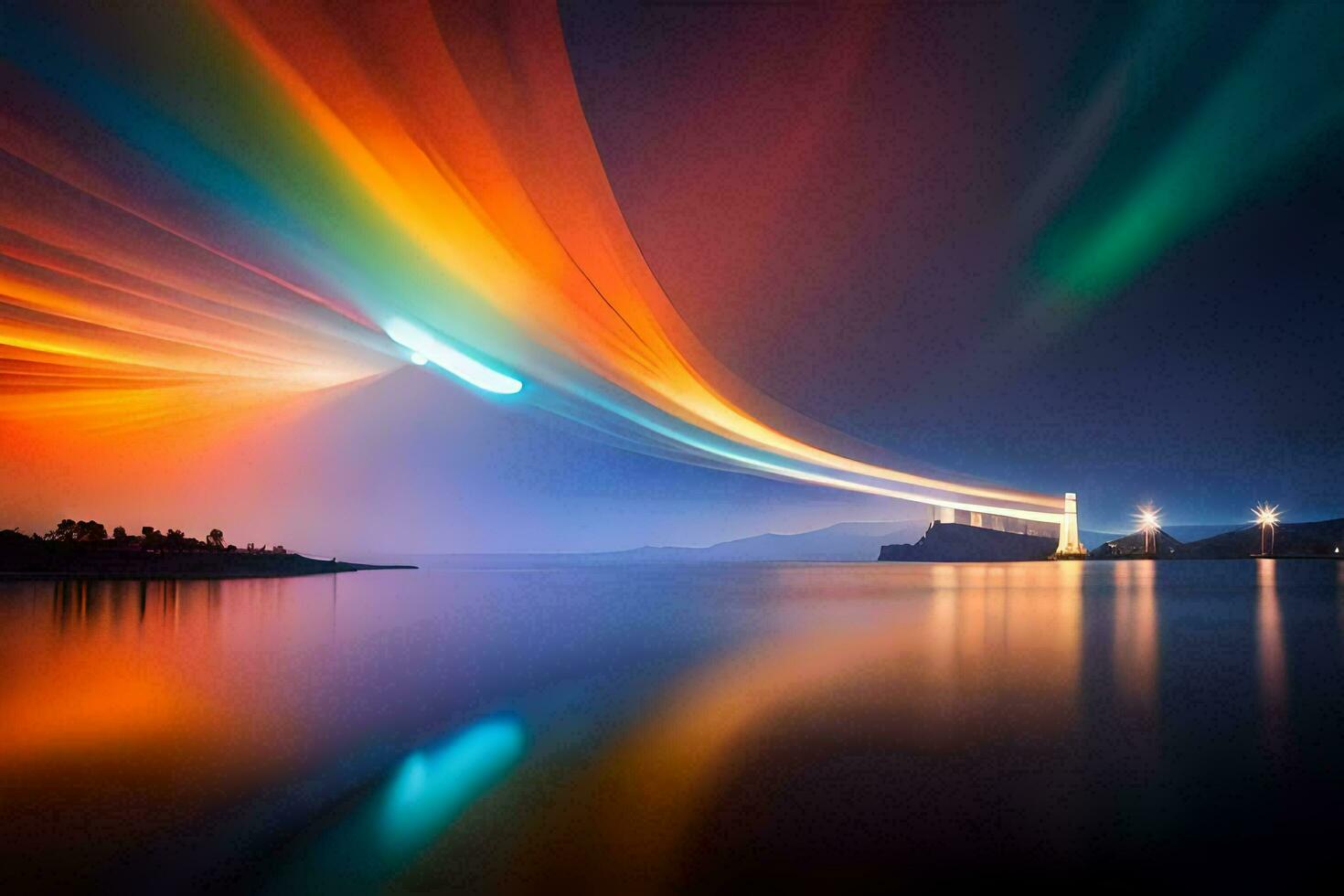 a long exposure photograph of a rainbow light trail over water. AI-Generated photo