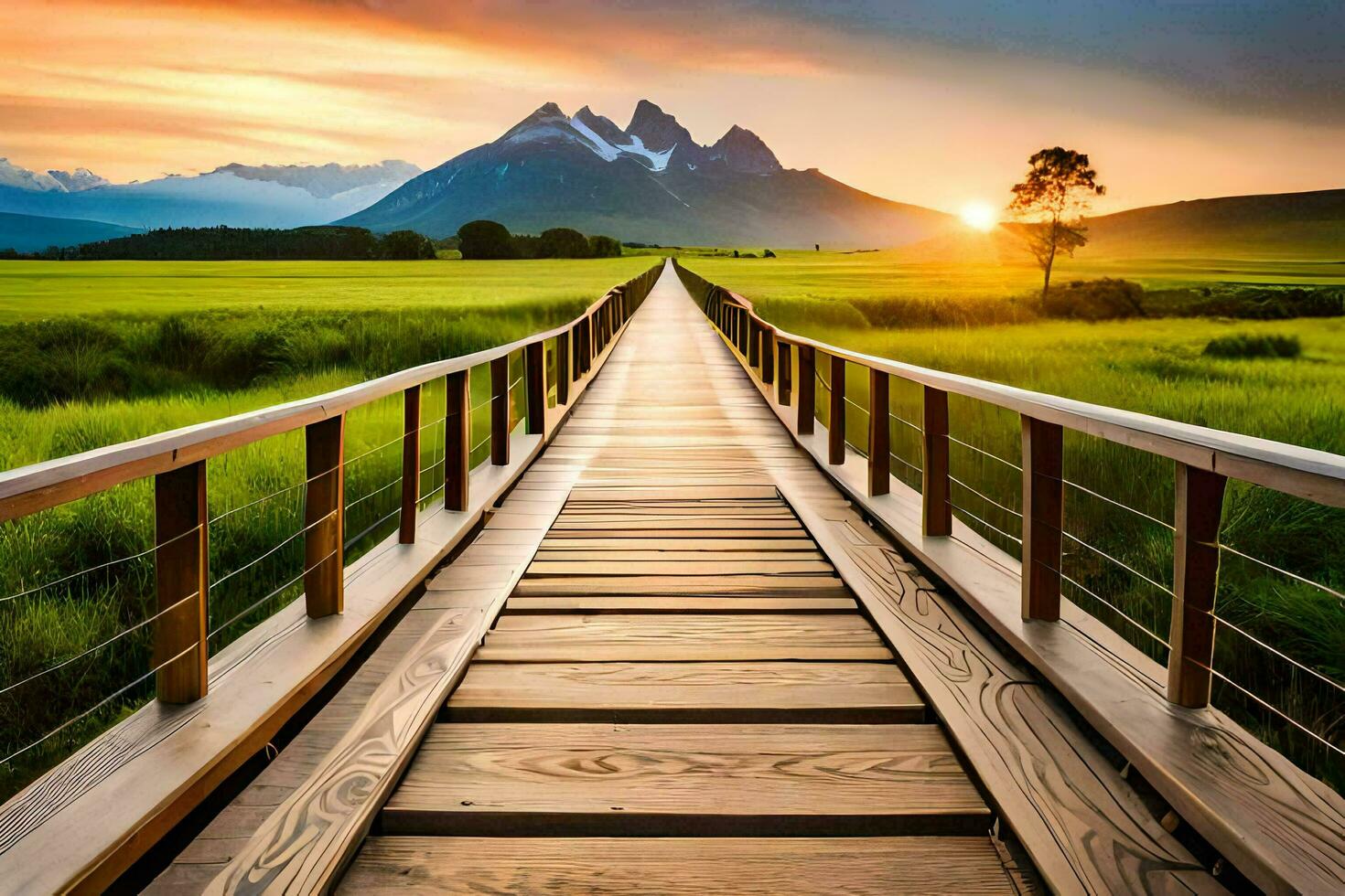 a wooden bridge leads to a mountain range at sunset. AI-Generated photo