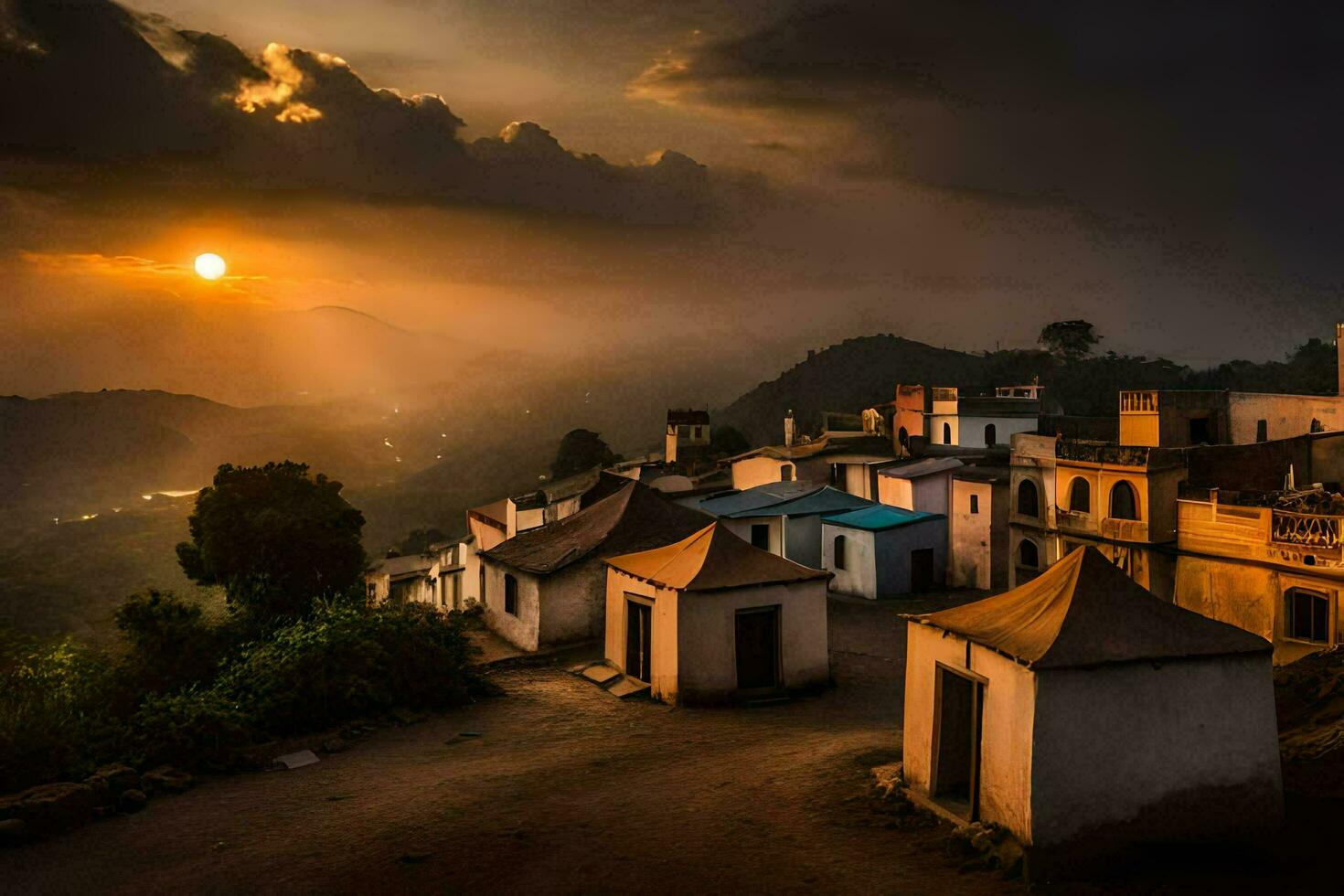 sunset over the village of kadam. AI-Generated photo