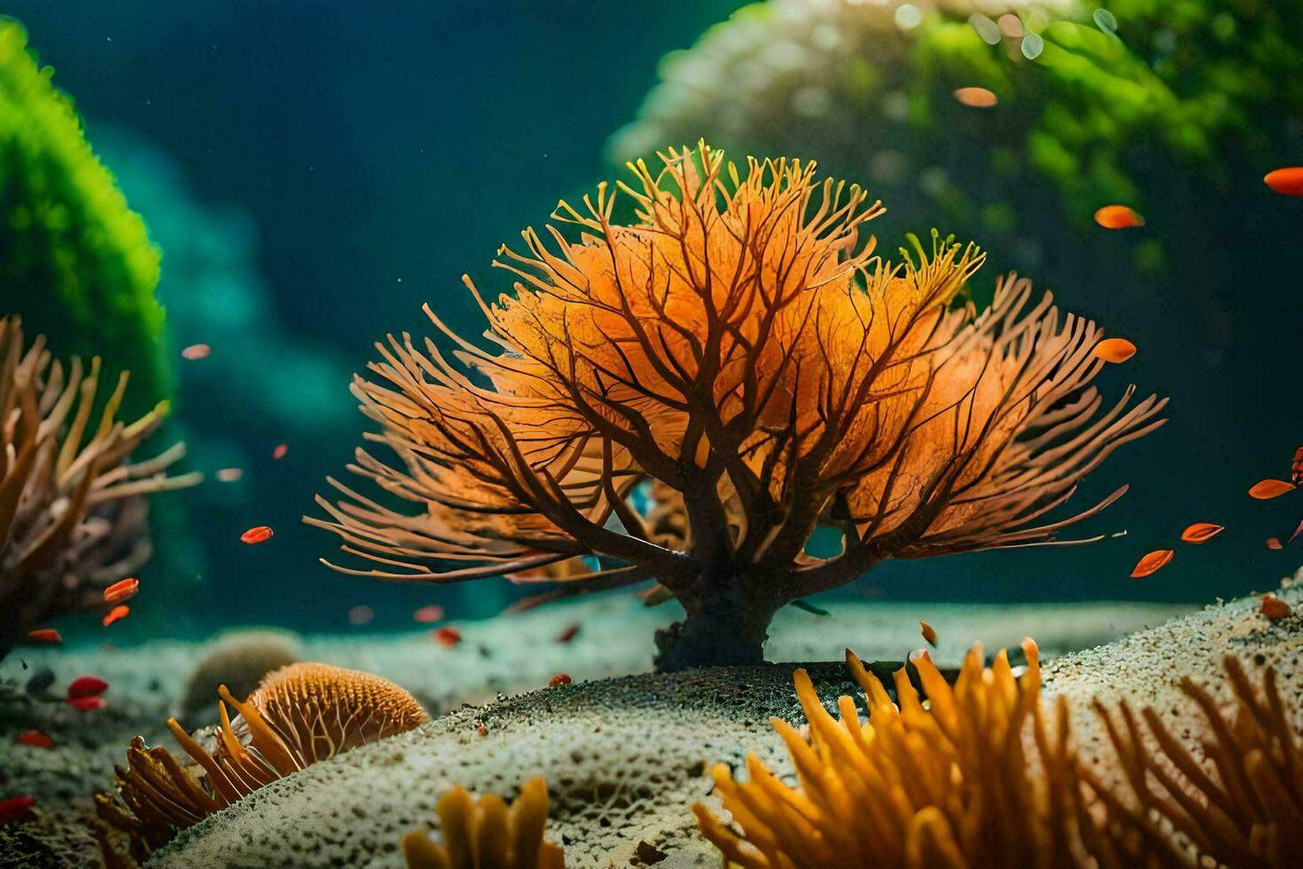 an underwater scene with coral and an orange tree. AI-Generated photo